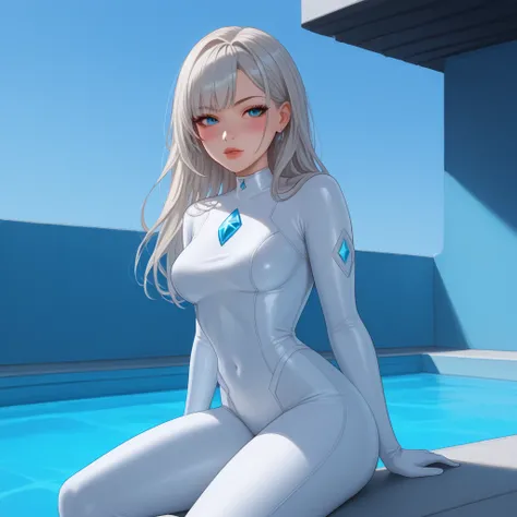 1girl, Solo, Long Hair, Breasts,  Blush, Glossy Lips, Ice Blue Eyes, Cute Pretty Face, Silver Platinum Blonde Hair, Bangs, Hero Suit, Simple background, Sitting on roof, High Resolution, Anatomically Correct, Accurate, HD, High Quality, kittew artist style