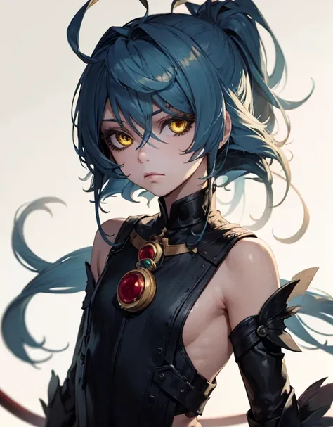 long hair,yellow eyes,rimuru tempest,blue hair,white background,solo,simple background,1other,bangs,closed mouth,detached sleeves,looking at viewer,bare shoulders,androgynous,upper body,straight hair,hair between eyes,anime concept art style, light cinemat...