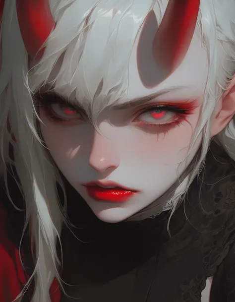 Portrait, close up, Bron above, Skinhead girl, Oni demon girl, very angry, ((total smokey eyes)), (skinhea:1.2 ) , (crimson eyes), (black armor), (Oni horn:1.3), red liquid lips,  (best quality), highest quality, extremely detail,  16k, wallpaper, detailed...