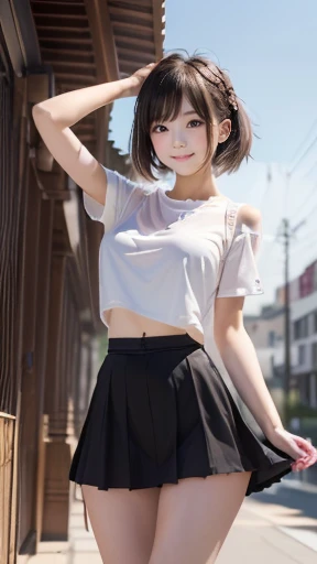 (((A pure and cute beautiful girl stands in a futuristic city:1.2))), (((Upper body portrait))), Beautiful straight hair, Short brown hair, Immersion, (Beautiful symmetrical eyes), (Thin thighs:1.2, Beautiful feet:1.2), Slender body line, ((Tight waist:1.2...