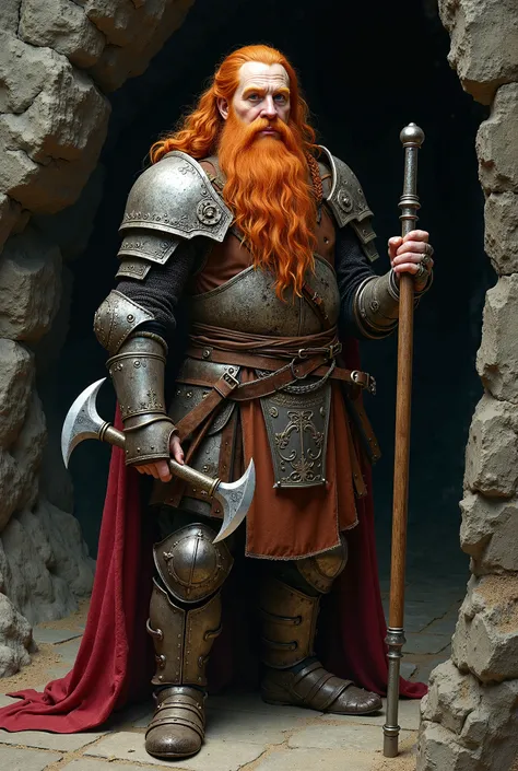 High definition, portrait of Gimley, an old dwarf with long ginger hair in a braided beard, full body portrait, showing his intricate plate armor, he is holding his double bladed ax at his side, he is at the entrance to a cave where he believes a wise old ...