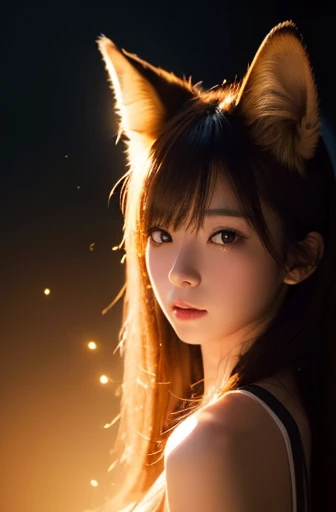 ((Highest quality, 8K, masterpiece: 1.3)), One girl, Slim like a fox、9 syrups and、Burning gold in the dark night、Ambient light and dark lighting focusing on girl、In a Japanese city with light and shadow effects caused by an illuminated aura。.