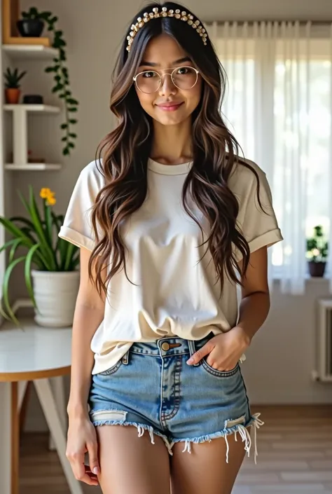 a girl with long, straight hair, loose and well-kept, with a side part. It is a simple and natural style, which combines perfectly with your casual look. He appears to have a medium to lightly tanned skin tone, his build appears to be of an average to medi...