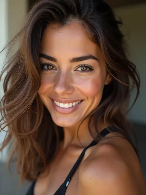 A close-up image of a stunning brunette woman, her hands gracefully brushing her wavy hair away from her face. The soft sheen of her skin glows under natural light, emphasizing her healthy, radiant complexion. She smiles playfully at the camera, exuding co...