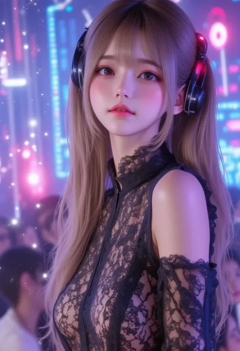  photorealistic, best quality,  high resolution,  more details, break, hologram concert ,  virtual singer girl , ((Girl wearing a )), upper body only,  waist up projection , futuristic stage setting ,  neon lights,  floating digital particles ,  headset mi...