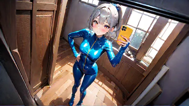  8K Ultra High Precision( 1 girl),(最 high definition, 8k, masterpiece:1.3),  clear contours high definition(24 years old:1.5), ( gray hair ), (Up ponytail),, ((全身 rubber suit、 colorful、blue、Yellow line from crotch、no zipper 、 rubber suit、Gloss、Inside the h...