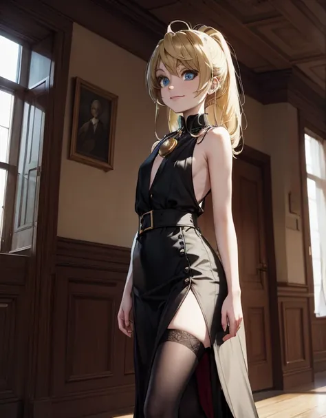 (masterpiece), best quality, expressive eyes, perfect face, blonde hair, floor-length hair, black stockings, stockings above the knees, Blue eyes, black sleeveless dress, above-the-knee dress, dress with a collar, It stands at full height, black tie, she l...