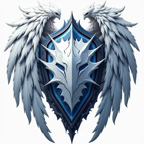 I need a coat of arms with a shield, crest, white and blue crest, (((white and blue futuristic wings on the side:1.9))), futuristic, (((spaceship:1.9))), digital painting artstyle, (((anime art style))), very intricate, (((a lot of futuristic ornements))),...