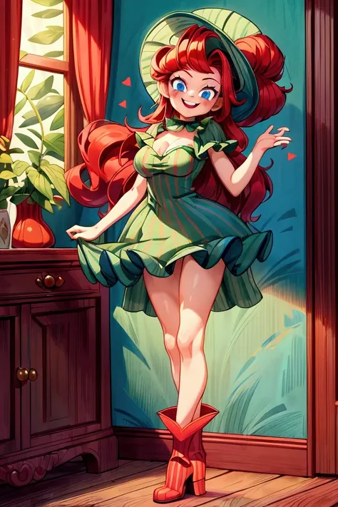 (masterpiece, best quality) standing, indoor, intricate detail, sunlight, dark green striped frill dress, red boots, clown hat, red hair, smile face, blue eyes, smiley and sexy expression, sexy pose, coquette, gorgeous legs, mature ager body, lovely, gorge...