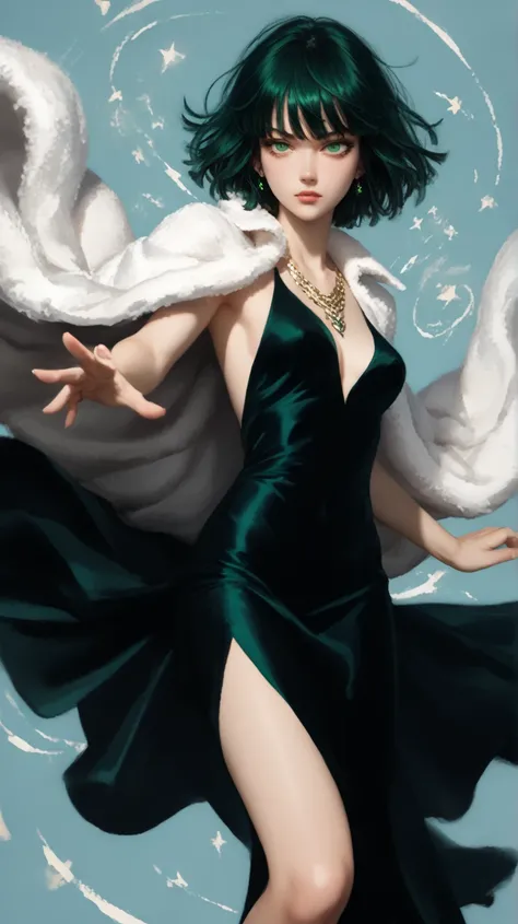 Create an image of Fubuki from *One Punch Man*, a confident and elegant character with striking features. She has long, wavy, dark green hair that frames her face and extends down her back, paired with piercing green eyes. Her attire exudes sophistication ...