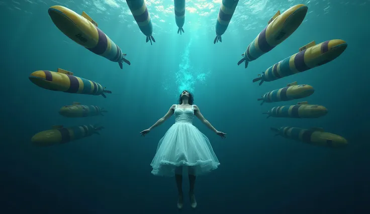 a man in a white dress, falling into deep water, several coloured submarines are floating around his head, and each submarine are pointing her ready to attack, but a energy field in blue color is surrounding the body of the man, protecting him, surreal, (b...