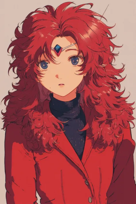 Girl with a neutral appearance ,   ,   , Long curly red hair, Hair turned to the right, Blue eyes,  calm expression , A fluffy red coat over a black sweater,  Gundam's blade antenna on the forehead, The blade antenna is located in the center of the forehea...