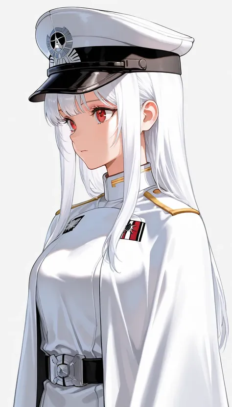 masterpiece,{{1girl}},white hair,red eyes,long hair,straight hair,Star Wars Galactic Empire White Military uniform,standing,form,{{simple background}},{{white background}},standing,anime,upper body,face forcus,white shoulder cloak,side facing,white militar...