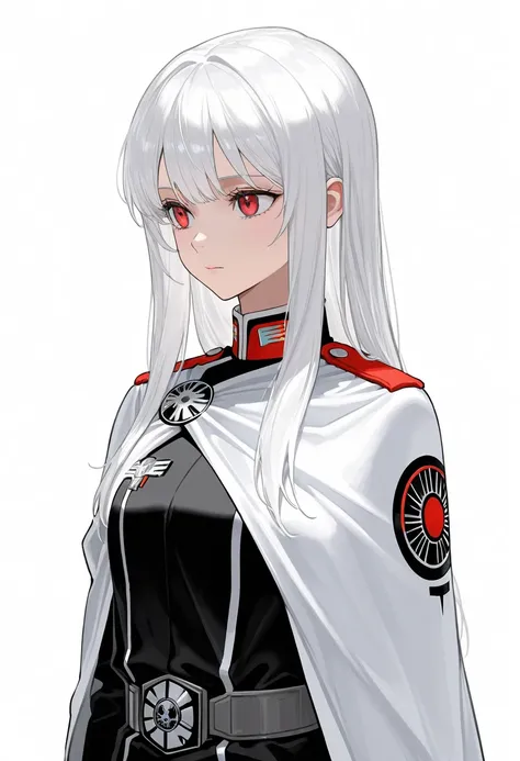 masterpiece,{{1girl}},white hair,red eyes,long hair,straight hair,Star Wars Galactic Empire White Military uniform,standing,form,{{simple background}},{{white background}},standing,anime,upper body,face forcus,white shoulder cloak,side facing