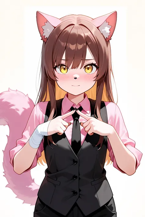 Cat girl, really long brown hair, young, black vest, long black tie, pink button up shirt, young girl, scrawny, thin body, pink cat ears, cat nose, yellow eyes, black claws on fingers, rolled up sleeves, white bandage long sleeves, black pants, big fluffy ...