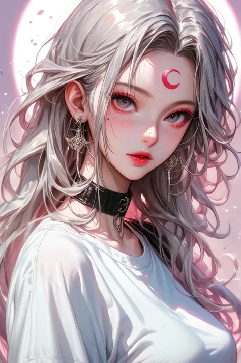 masterpiece, best quality, 1girl, solo, long hair, looking at viewer, simple background, shirt, grey hair, parted lips, choker, artist name, black eyes, lips, parted bangs, makeup, black choker, facial mark, moon, pink background, crescent, portrait, foreh...