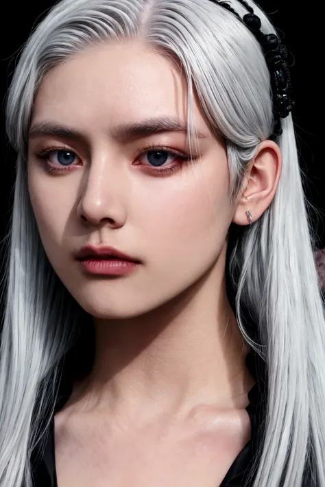 a close up of a person with a long white hair, white hair, with black sclera eyes, taken in the early 2020s, with his long white hair, scott radke, dark piercing eyes, taken in the late 2010s, iren horrors, wearing goth makeup, it has a piercing gaze, blac...