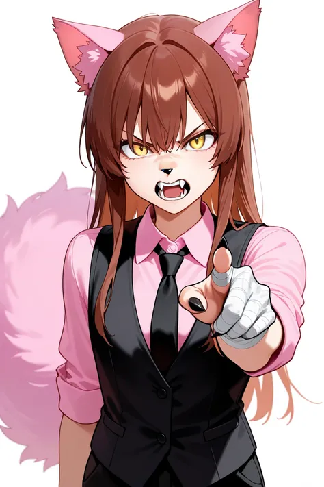 Cat girl, really long brown hair, young, black vest, long black tie, pink button up shirt, young girl, scrawny, thin body, pink cat ears, cat nose, yellow eyes, black claws on fingers, rolled up sleeves, white bandage long sleeves, black pants, big fluffy ...