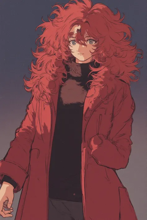 Girl with a neutral appearance ,   ,   , Long curly red hair, Hair turned to the right, Blue eyes,  calm expression , A fluffy red coat over a black sweater,  Gundam's blade antenna on the forehead, The blade antenna is located in the center of the forehea...