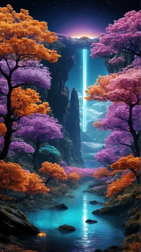 Un paysage de science-fiction vibrant et coloré représentant une planète appelée Terra Nova. Des forêts luxuriantes aux arbres phosphorescents aux teintes de bleu, violet et rose, des cascades scintillantes reflétant une lumière dorée, et un ciel éclatant ...