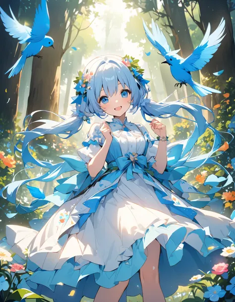   light blue long hair、 beautiful twin-tail girl 、smile、 A beautiful blue bird of happiness is flying around the girl、 in a bright forest、Beautiful flowers are blooming underfoot 、