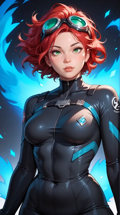 Sexy, shoulder length red hair, plump body, green eyes, slim waist, medium breasts, round face, strong jaw. sexy blue and black jump hero suit with goggles and a blue aura. Aged around early 20s