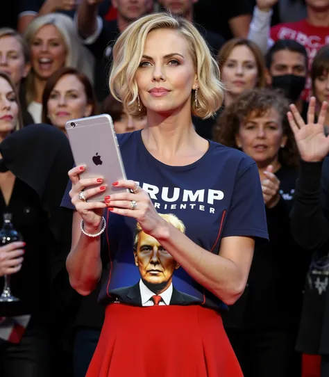 The image is a high-resolution photograph of a full body girl that resembles Charlize Theron agitating the Republican Party politics to some random people and handing over Republican party requisites to them. She has a fair complexion and is of Caucasian d...