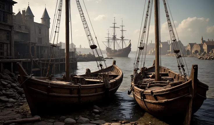 Medieval shipyard, 2 small fishing boats with 1 mast each near the shore in the water. and 1 warship.