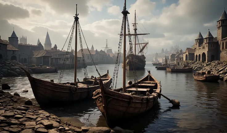Medieval shipyard, 2 small fishing boats 1 mast each at the shore in the water. and 1 warship.