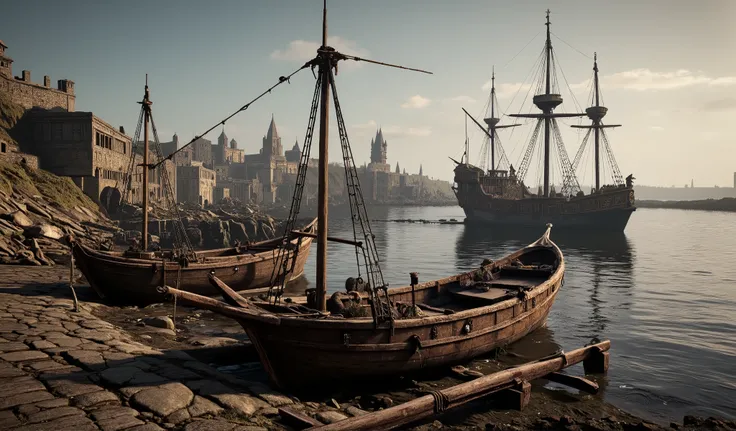 Medieval shipyard, 2 small fishing boats 1 mast each at the shore in the water. and 1 warship.