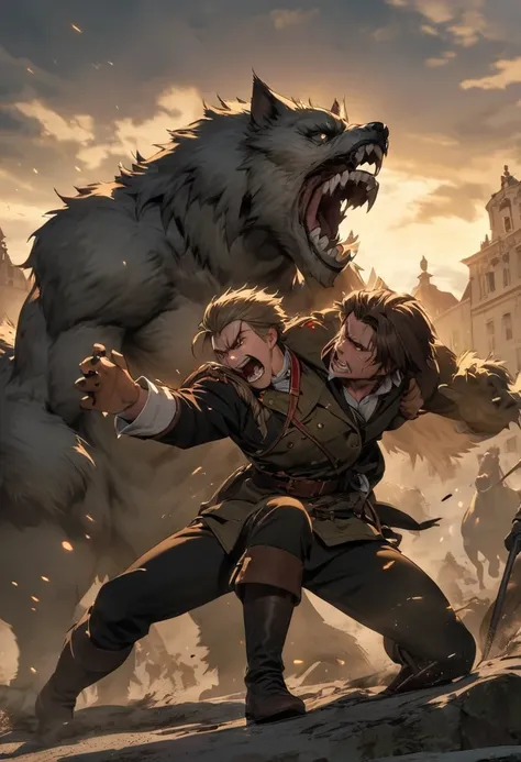 Knight of the 1800s inspired by Russian combat uniforms ,fighting a humanoid werewolf