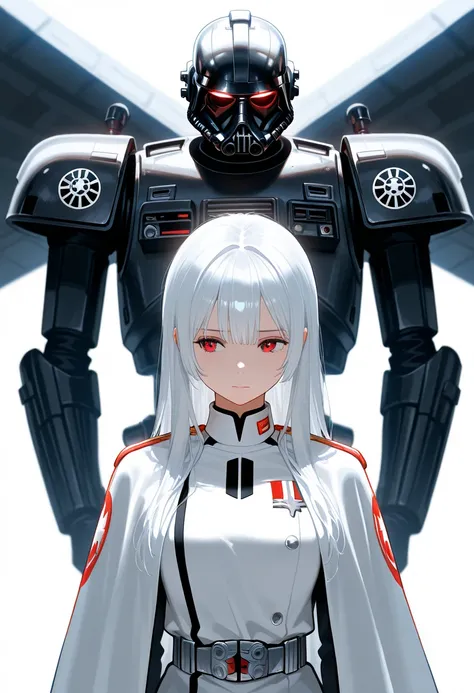 masterpiece,best quality,{{1girl}},white hair,red eyes,long hair,straight hair,Star Wars Galactic Empire White Military uniform,standing,form,{{simple background}},{{white background}},standing,anime,upper body,face forcus,white shoulder cloak,side facing,...