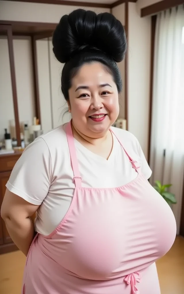  45 year old Japanese woman， plump figure ， giant hairbun，Jet Black Hair，Saggy breasts that hang down to a huge navel,  laughs，There is a light wrinkle in the corner of the eye，  pink apron ，Join hands behind， messy room， living room