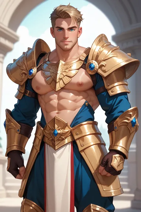 A gallant comic character muscular man dressed in gleaming silver and gold armor, showcasing a blend of elegance and bravery.