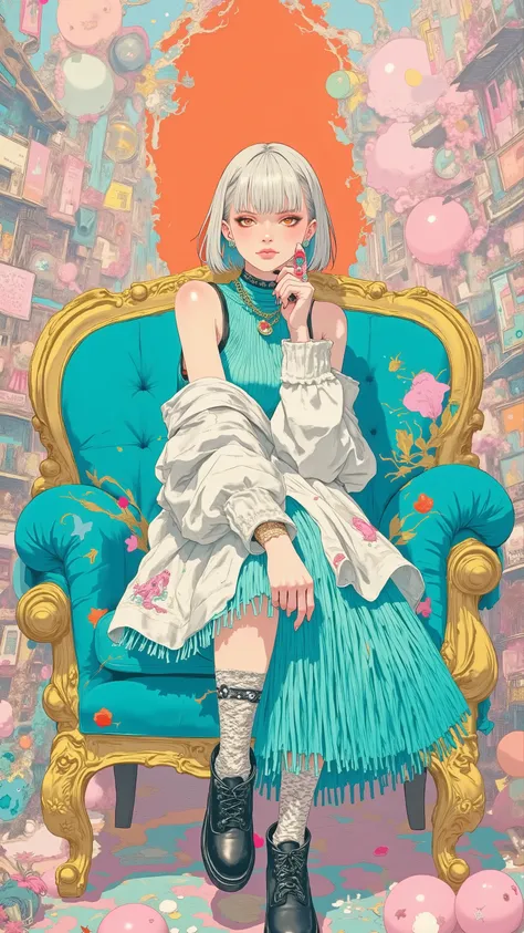 8k, masterpiece, highest quality, Surrealism, Beautiful Women, vibrant orange and white hair, teal sofa, teal and white pleated dress, colorful geometric patterns, fringe to blanket, surreal pastel aesthetics, high-contrast lighting, quirky poses, avant-ga...