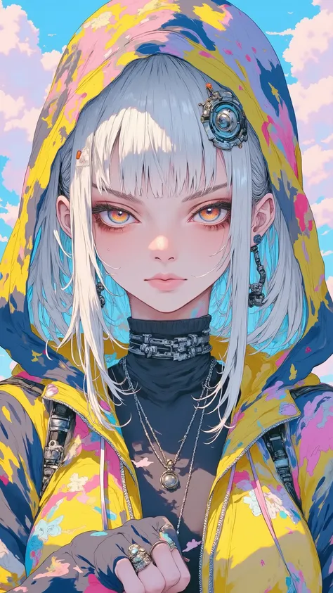 8k, masterpiece, highest quality, Korea's Beautiful Women, Close-up, frontal, partially obscured, hood,  white-blue hair, large eyes, vibrant blue irises, painted skin, orange streaks, serious expression, dark collar, colorful accessories, gadgets, hooded ...