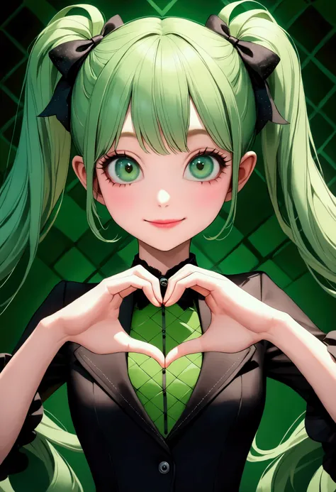 High Definition, masterpiece, Accurate, top quality, High Definition model, high detail, (((Tim Burton style, Accurate, The textures are soft, matte and toy-like))), (top-quality), (masterpiece), green eyes, light green twin tails, ((wide smile)), ((heart ...