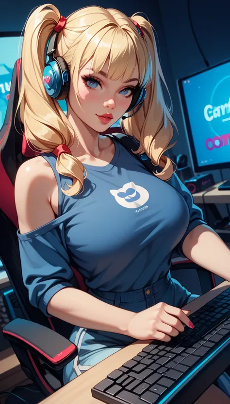 1girl, Ultra cute, ultra sexy, ultra feminine, ultra curvy, ultra bouncy, perfect eyes, perfect face, large breasts, ((Busty Bitches)), gamer girl, gamer chair, using keyboard , streaming , blonde pigtails, Masterpiece, Best Quality , Dutch angle 