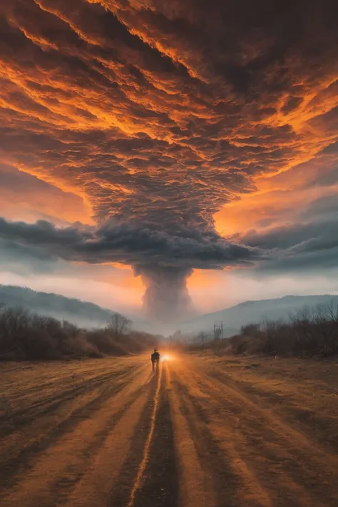 (best quality, masterpiece, photorealistic, elaborate details:1.2), The picture depicts a fantastical, almost apocalyptic scene of multiple massive tornadoes, glowing intensely orange, descending from a fiery, turbulent sky. They loom over a rural dirt roa...