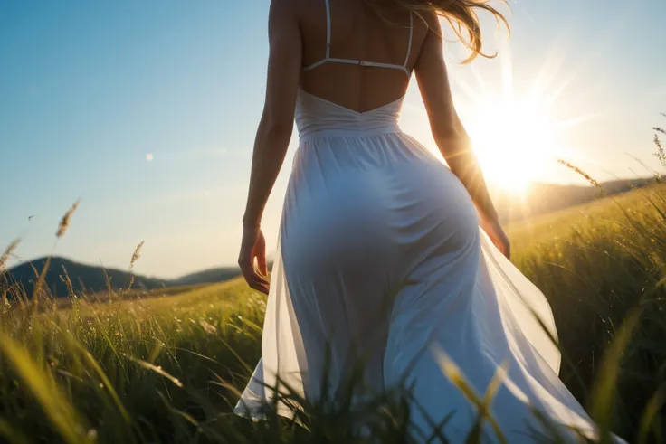 (Extremely vibrant sun:1.4), warm tone, a woman in a sundress, (woman facing the sun:1.4), (walking in a field of very tall grass:1.2), god rays, bokeh, blurry photo, saturated colors, long straight hair, walking towards the sun, (blinding sun overwhelming...