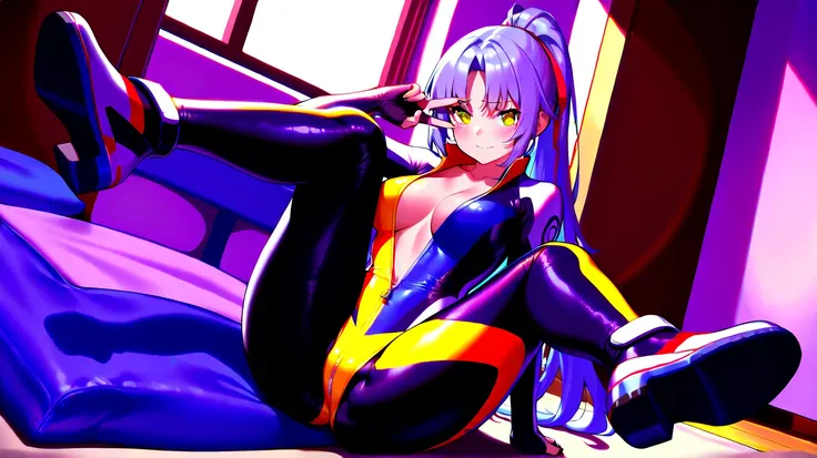  8K Ultra High Precision( 1 girl),(最 high definition, 8k, masterpiece:1.3),  clear contours high definition(24 years old:1.5), ( gray hair ), (Up ponytail),, ((全身 rubber suit、 colorful、blue、Yellow line from crotch、no zipper 、 rubber suit、Gloss、Inside the h...