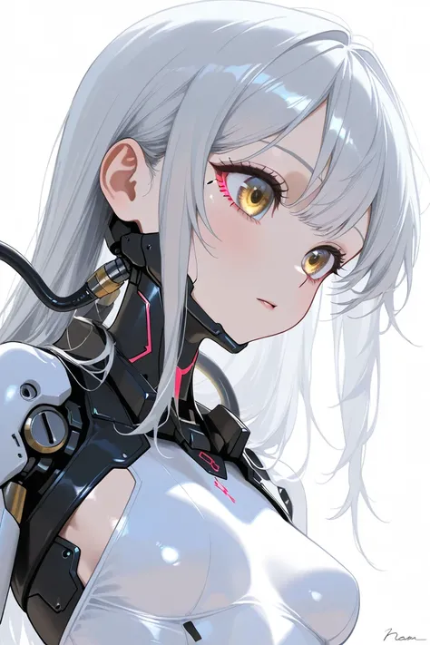 (highest quality, background detail), highest quality, original detail dynamic art, (golden eyes), image from the waist, inorganic gaze, detailed mechanical joints, white leotard, white skin, gray hair, long hair, (one cyborg girl), (cyberpunk suit), armed...