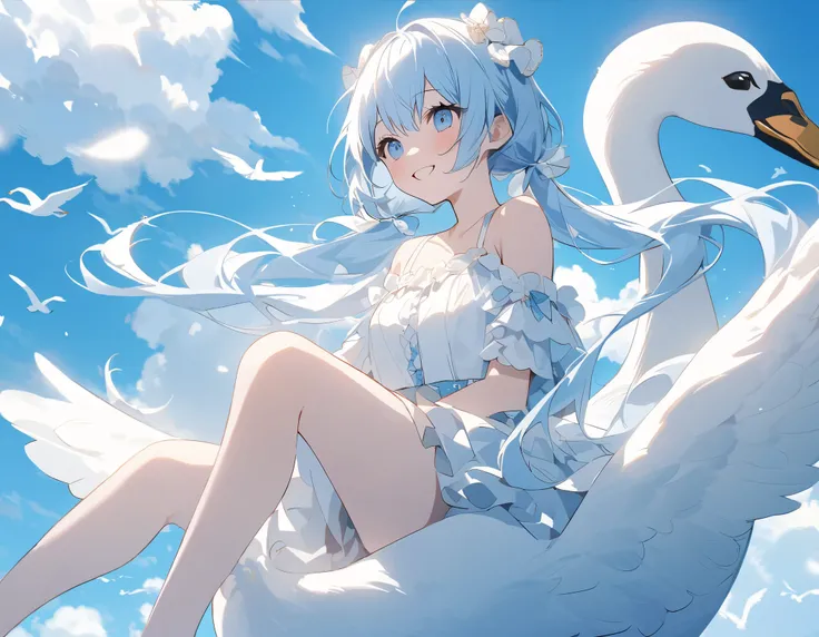   light blue long hair、 beautiful twin-tail girl 、smile、 The girl is flying through the sky on the back of a big swan、blue sky、 White Clouds 、A lot of swans are watching over the girl 