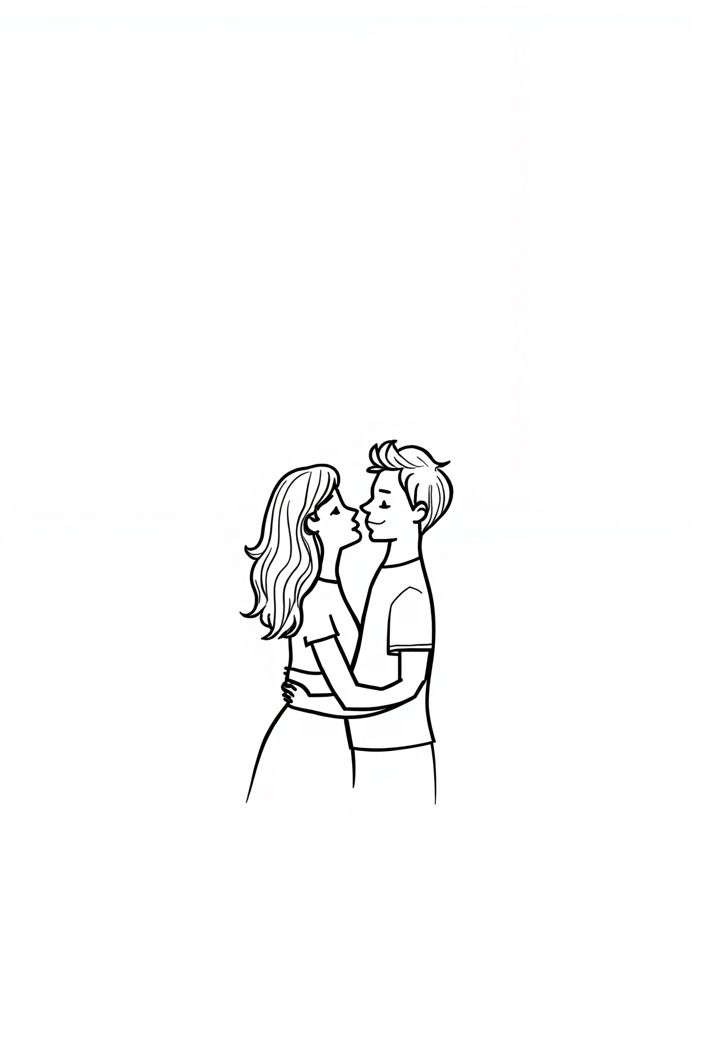  A minimalist illustration of a couple in love . The woman is on the left with half wavy hair,  the man on the right with short hair .  Both are looking at each other romantically ,  smiling, as they cuddle around the waist .  Made with a single continuous...