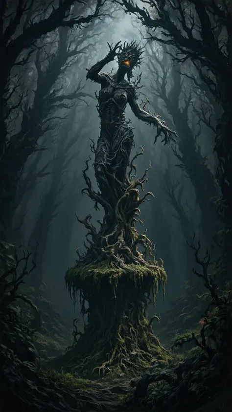 best composition, Cursed Statue in the Deep Forest, unsettling, ominous, surrealistic, elaborate details