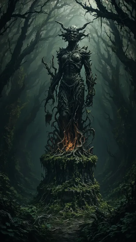 best composition, Cursed Statue in the Deep Forest, unsettling, ominous, surrealistic, elaborate details