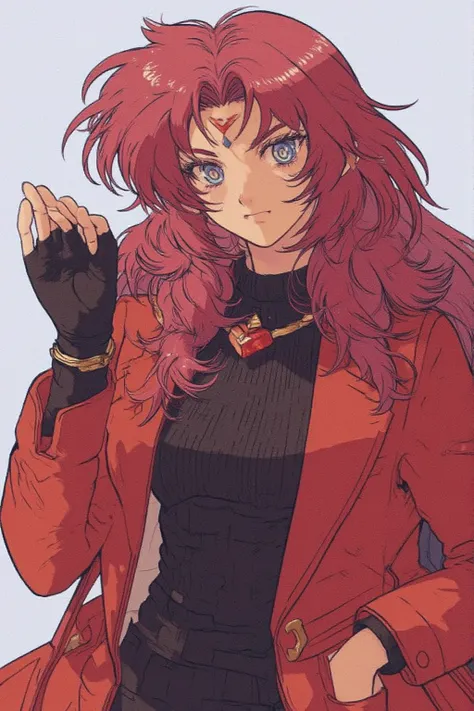 Girl with a neutral appearance ,   ,   , Long curly red hair, Hair turned to the right, Blue eyes,  calm expression , A fluffy red coat over a black sweater,  Gundam's blade antenna on the forehead, The blade antenna is located in the center of the forehea...