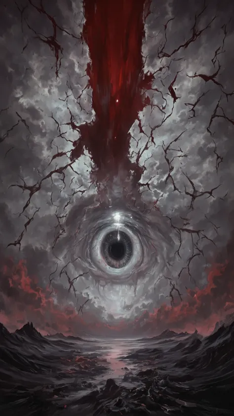 best composition, surreal, a demonic eye is peeking through a cracked sky, unsettling, apocalyptic vibe