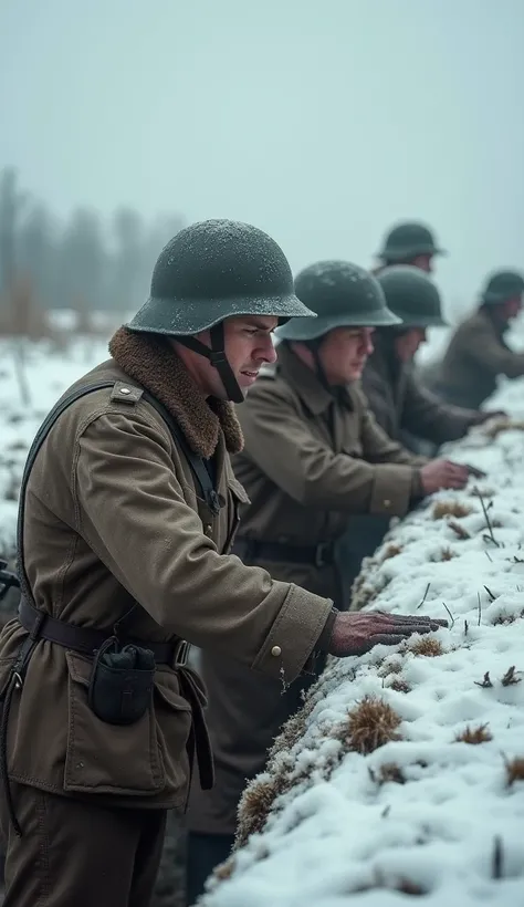 Soldiers looking down at the ground with snow around them from their trenches, British and German troops, World War I era, wearing muddy uniforms with helmets, standing on the edge of their trenches with a reflective look, background of snowy fields and sc...