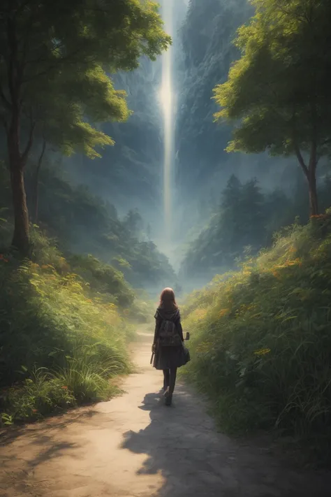 (best quality, masterpiece, photorealistic, elaborate details:1.2), final fantasy style, an anthro wolf is a lone traveler, travelling the verdant valley, tyndall effect, late afternoon, photorealistic anime illustration